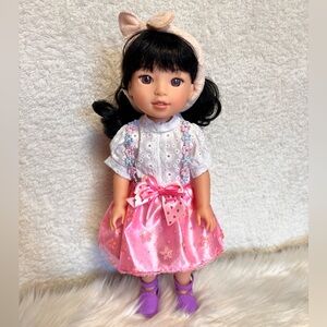 American Girl Doll mini with Satin Floral Dress White Blouse and Purple Shoes